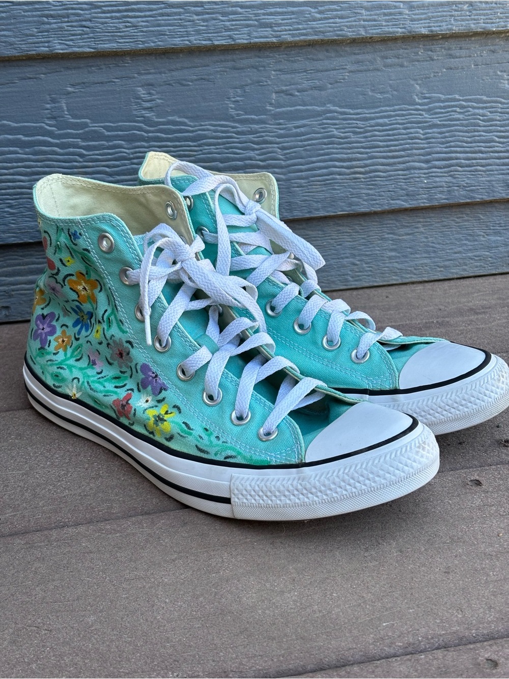 Custom Hand-Painted Floral Converse High Tops 🌸 Teal/Aqua Size W10.5 / M8.5